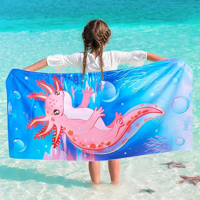 WERNNSAI Dinosaur Kids Beach Towel for Girls - 30” x 60” Axolotl Sand Free Swim Towels for Girls Bath Pool Camping Travel Towel Quick Dry Ultra Absorbent Super Soft Beach Blanket Bath Shower Towel