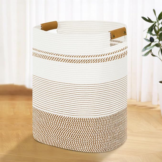 Laundry Basket with Handles - Blanket Basket & Hampers for Bedroom Aesthetic, Laundry Hamper & Blanket Storage for Living Room, Clothes Hamper, Tall, Large 17" x 14" x 22â, Brown & White