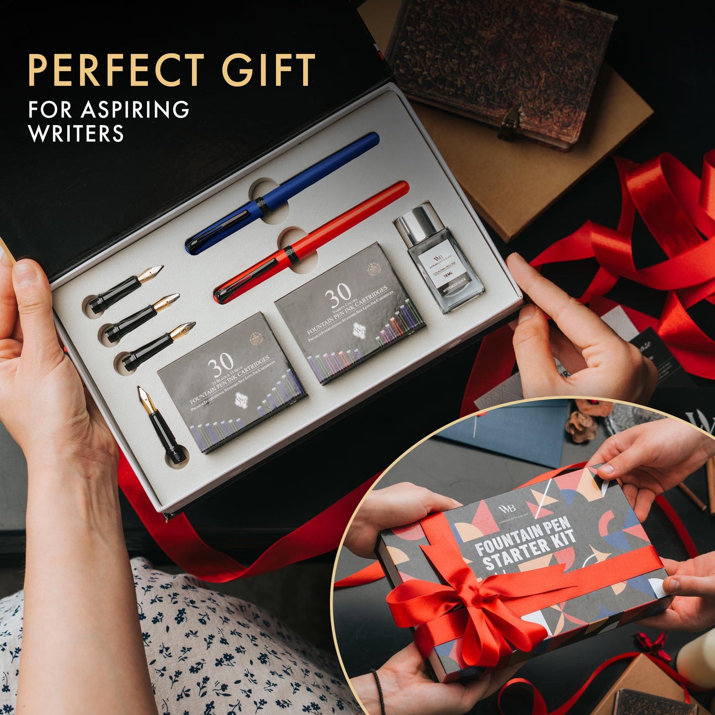 Wordsworth and Black Fountain Pen Set - Blue - Includes 2 Pens, 18 ML Ink Bottle, 60 Ink Cartridges, A Refill Converter, 1 Medium and 4 Broad Nibs, Brush Pen - Fountain Pen Kit for Beginners