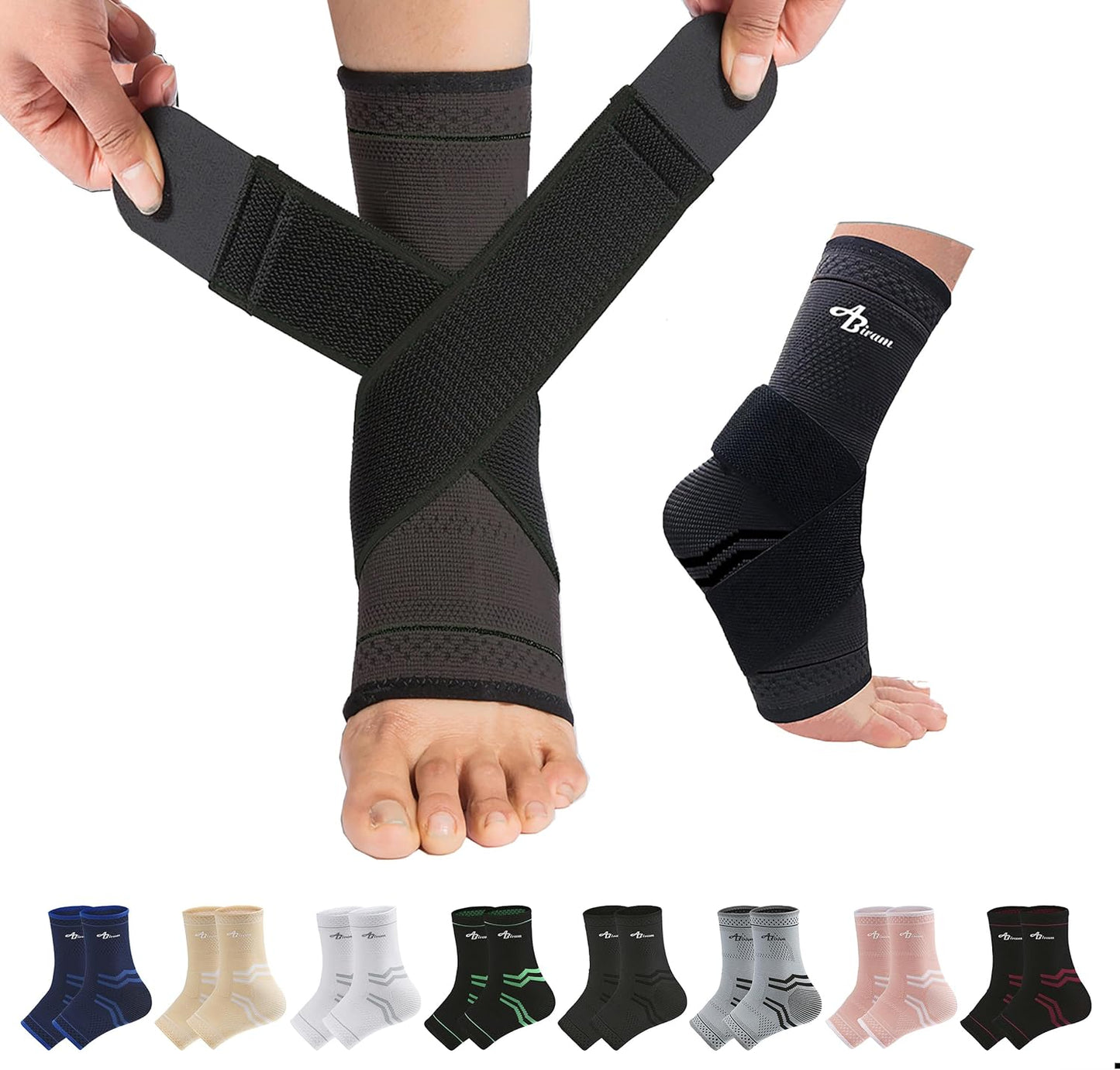 ABIRAM Ankle Brace for Men & Women - Adjustable Compression Sleeve with Wrap, Ion-Matrix Support for Sprained Ankle, Plantar Fasciitis, Achilles Tendonitis Relief - Breathable Gear for Running, Sports