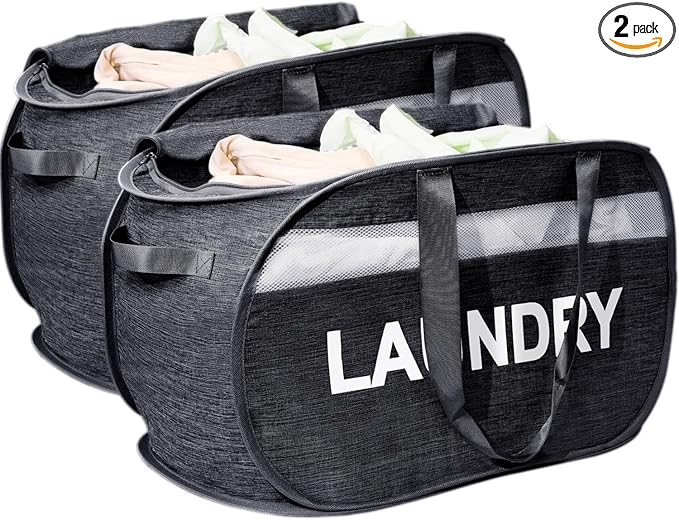 Collapsible Laundry Basket 2 pack, Foldable Pop Up Black Laundry Baskets Mesh with Lid & Handle, Pop Up Collapsible Laundrys Hamper, Fabric Laundrys Baskets for Dorm, Travel, Bathroom