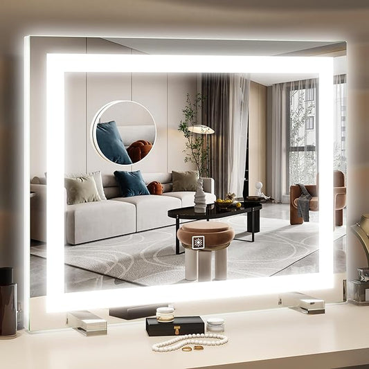HNV 22"x20" Lighted Vanity Mirror â Large Makeup Mirror with 3-Color Dimmable LED Lights, 10X Magnification, Touch Control, Tabletop or Wall Mount Mirror for Bedroom & Dressing Room (White)