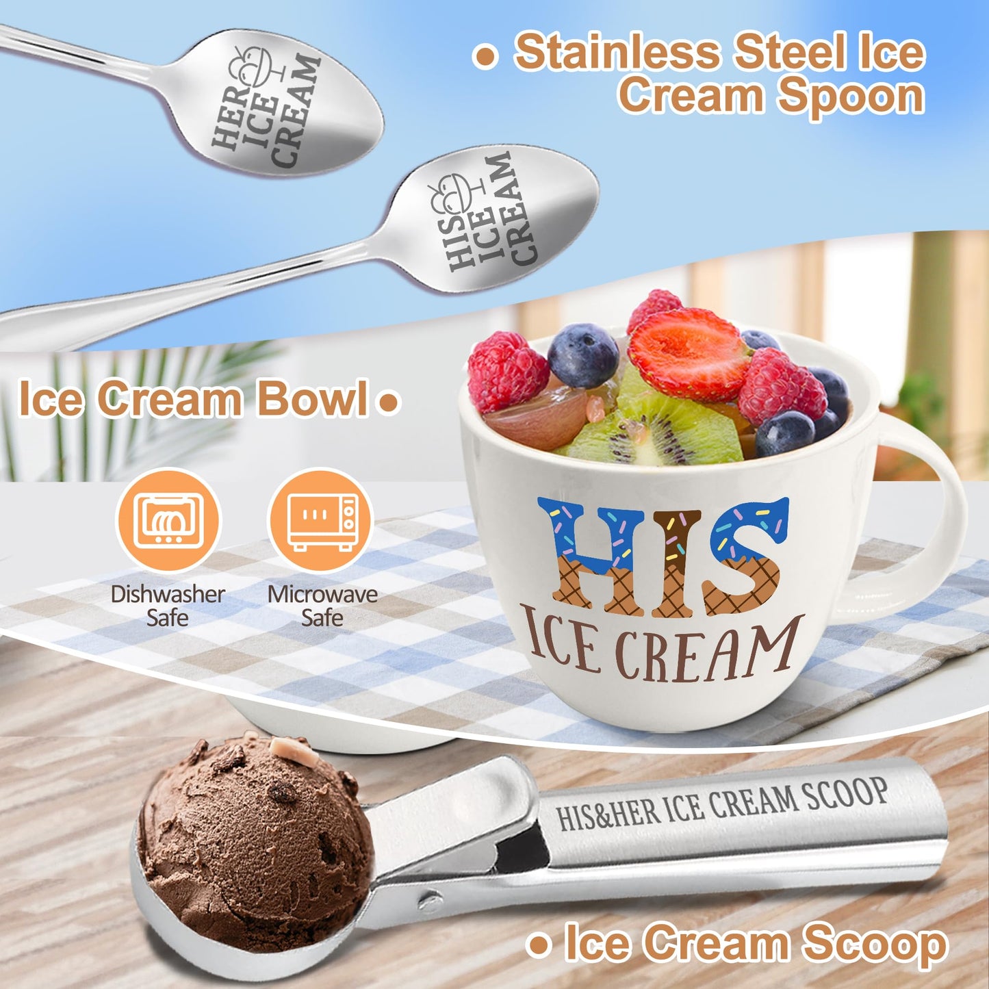 Anniversary Couple Gifts Ice Cream Bowls and Spoon Scoop Set, His And Hers Gifts, Wedding Engagement Gift for His Her, His Her Ice Cream Accessories Bowl Gift on Mothers Day, Christmas