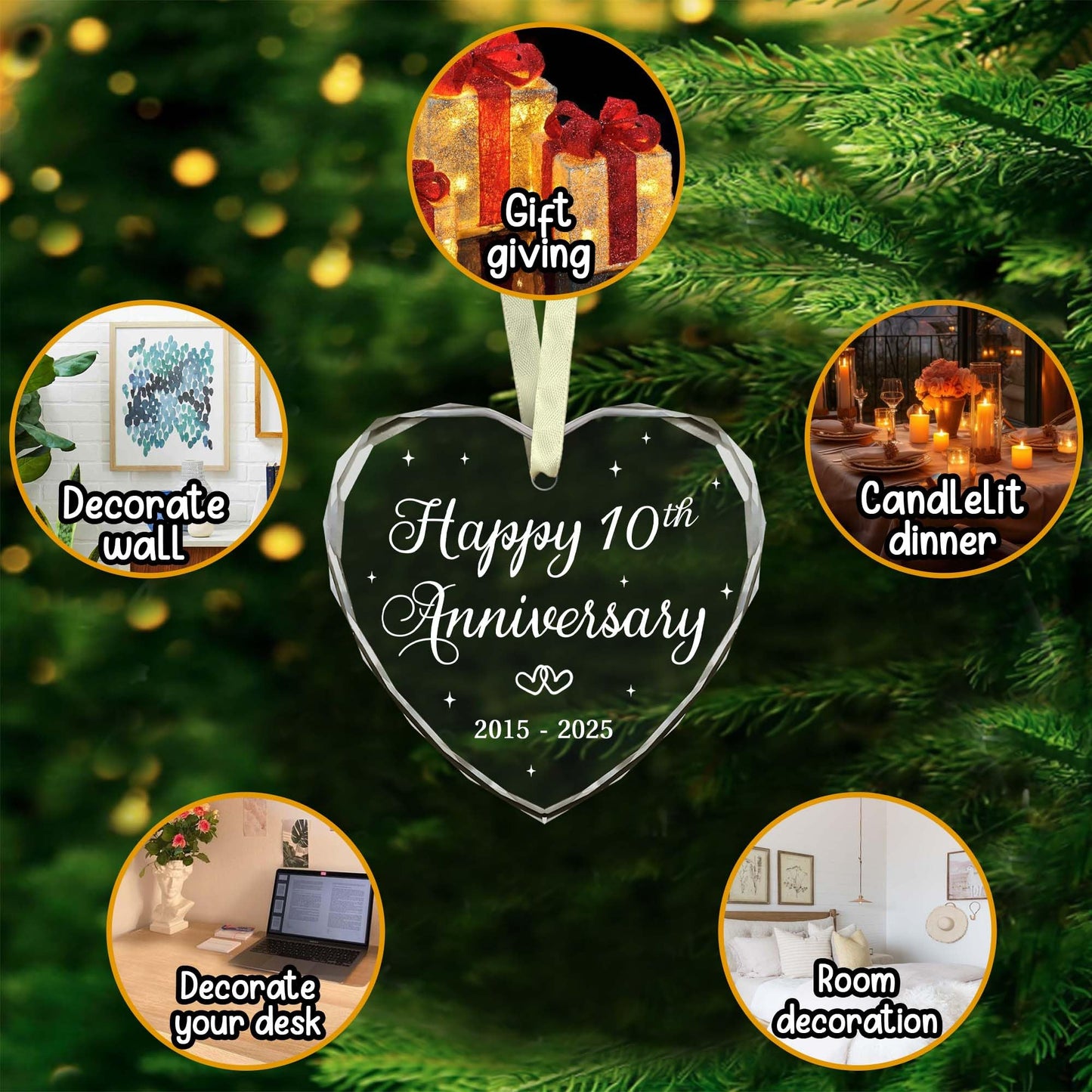 BSQUIELE Happy 10th Anniversary Ornament 2025-10th Wedding - 10th Anniversary Day Gift Idea for Couple - Christmas, Birthday Gift for Husband, Wife - 10 Year of Marriage Glass Ornament
