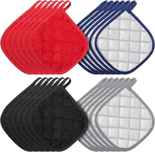 SHENLIU 24 Pcs Cotton Pot Holders for Kitchen, 7 x 7 Inches Heat Resistant Potholders Bulk Hot Pads 4 Colors Washable with Hanging Loops for Cooking Baking Black Gray Blue Red