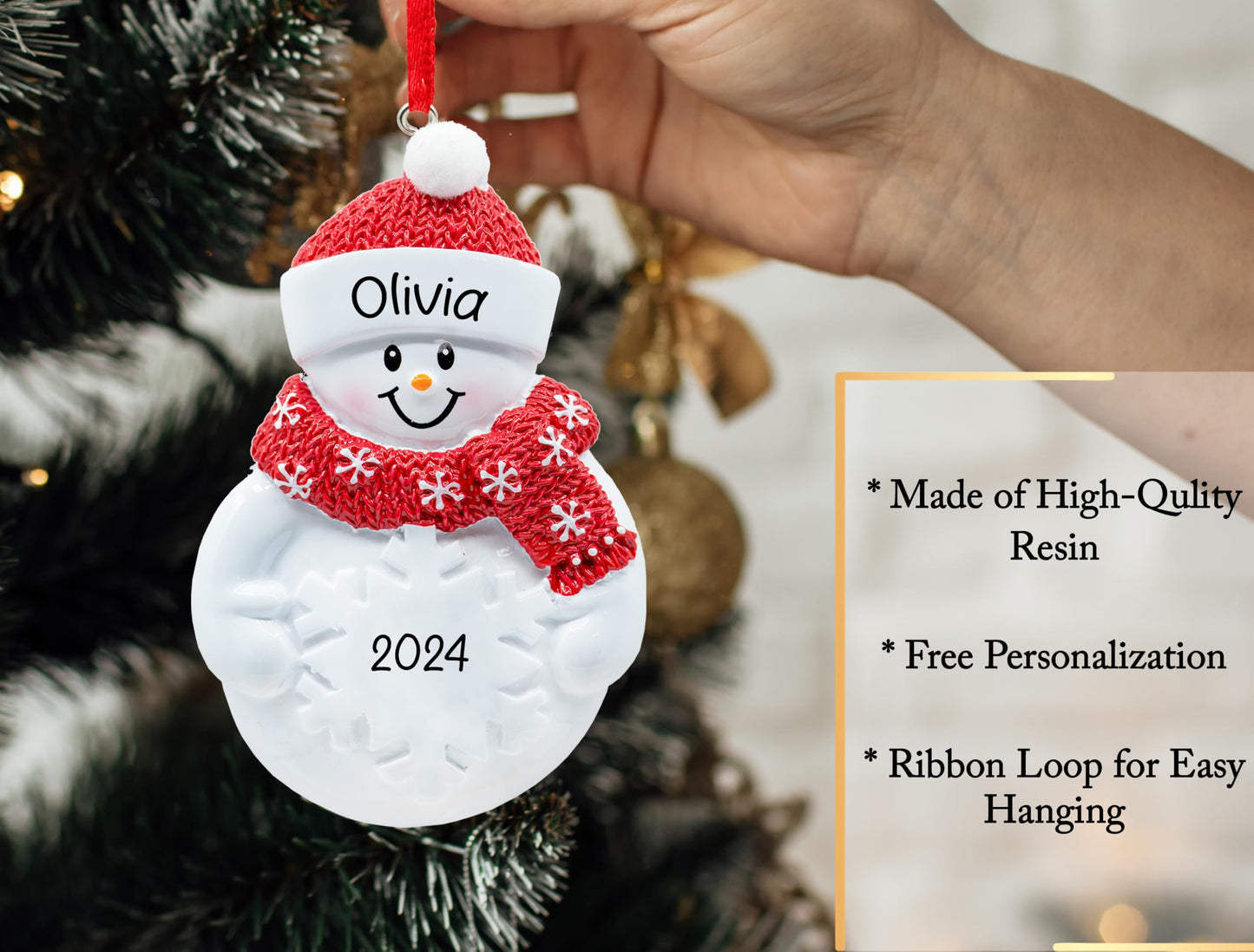 UniqXmas Personalized Snowman Figurine Christmas Ornament 2025 - Free Customization | Snowman with Snowflake Red Santa Hat & Scarf for Xmas Tree | Unique Keepsake - Custom Name & Year
