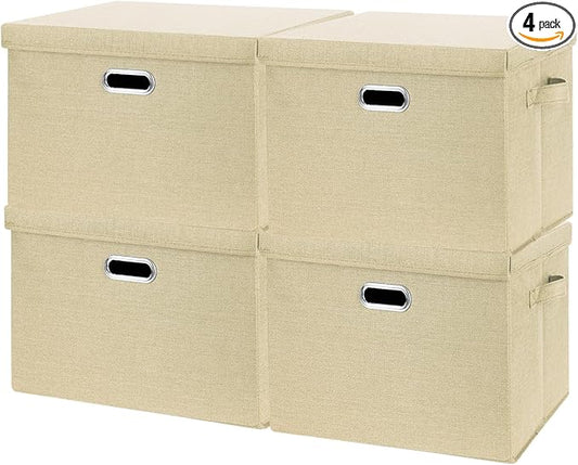 SNWDN 4 Pack Collapsible Fabric Storage Bins with Lids Fabric storage box with lids for closet organizers and storage (Beige 14.6x10.6x10.2 inches)