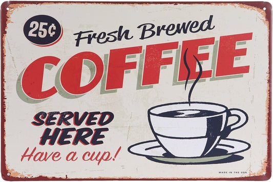 ARTCLUB Fresh Brewed Coffee Served Here, Metal Tin Sign, Vintage Antique Plaque Poster Kitchen Home Cafe Wall Decor