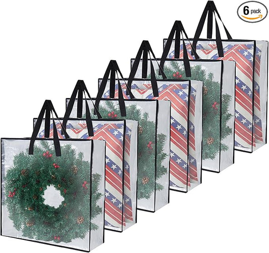 Heavy-Duty Clear Wreath Storage Bag & Sturdy Moving Box Alternative â 26 Inch Large Capacity Container with Zipper for Christmas Decorations, Seasonal Wreaths, Clothes, Bedding,Gift (6-Pack)