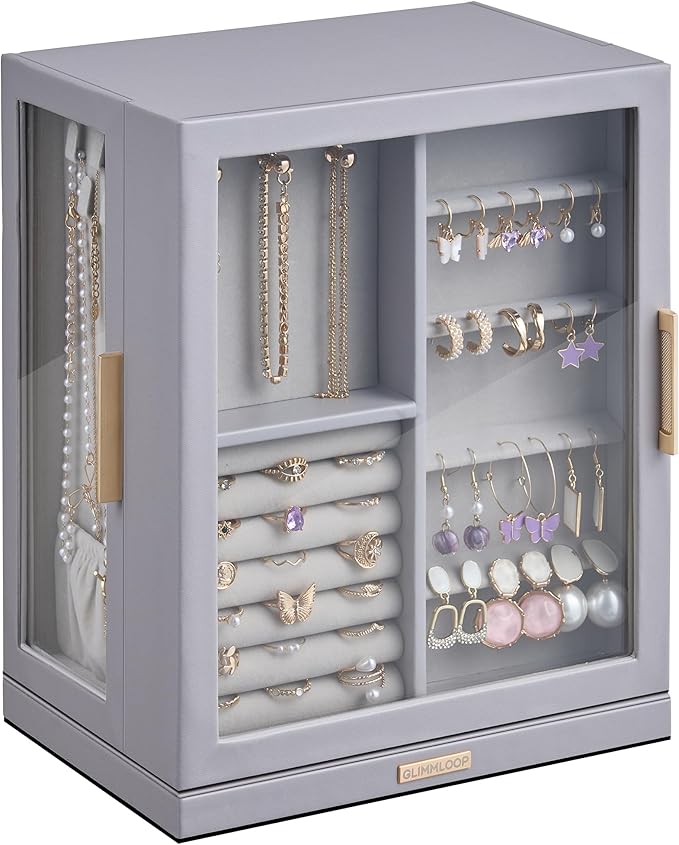 360Â° Rotating Jewelry Box with 5 Drawers, Spacious Vertical Jewelry Organizer with Glass Window, Jewelry Storage Case, Dustproof & Moisture-resistant Design, Grey