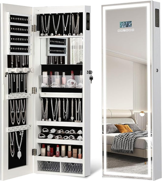 LED Mirror Jewelry Cabinet with Bluetooth Speaker, Wall/Door Mounted Jewelry Organizer Armoire, Full Length Lighted Mirror with Jewelry Storage,Jewelry Box Standing for Women