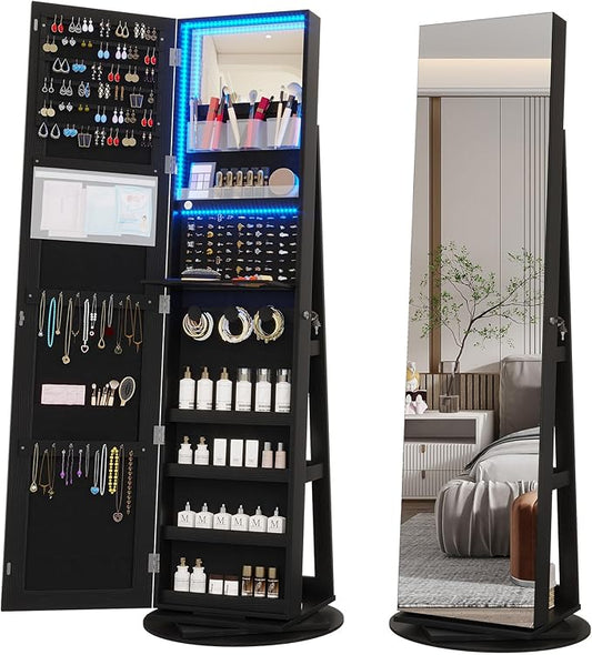 Vlsrka 360Â° Swivel Mirror Jewelry Cabinet with Lights, Large Jewelry Armoire Cabinet Standing, Lockable Free length Mirror with Storage, Rear Storage Shelves, Black