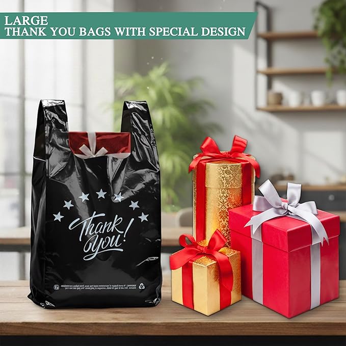 YoYoRain Black Thank you T shirt bag, Grocery shopping bag Reusable and Disposable Supermarket Bag 11''x6''x21'' 100PCS