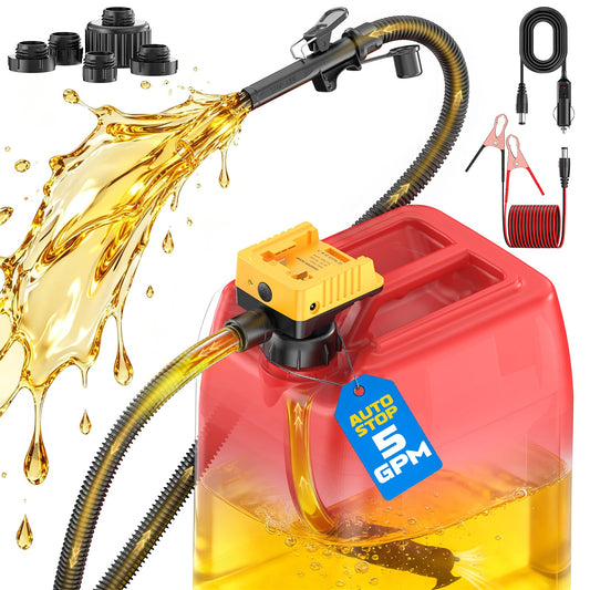 DIYtoolifz 5 GPM Cordless Fuel Transfer Pump with Auto Shut-Off & Beep Alert, Compatible with DeWalt 20V & Milwaukee 18V Batteries, Gas Can Pump for Gasoline/Diesel, 51" Hose & 5 Adapters (Bare Tool)
