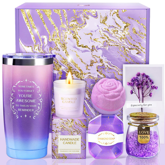 Allemu Birthday Gifts for Women, Thank You Gifts for Mom, Gifts for Wife, Girlfriend, Sister, Gift Set Idea for Her Christmas - Purple Gift Basket with 20 Oz Novelty Drinking Glasses