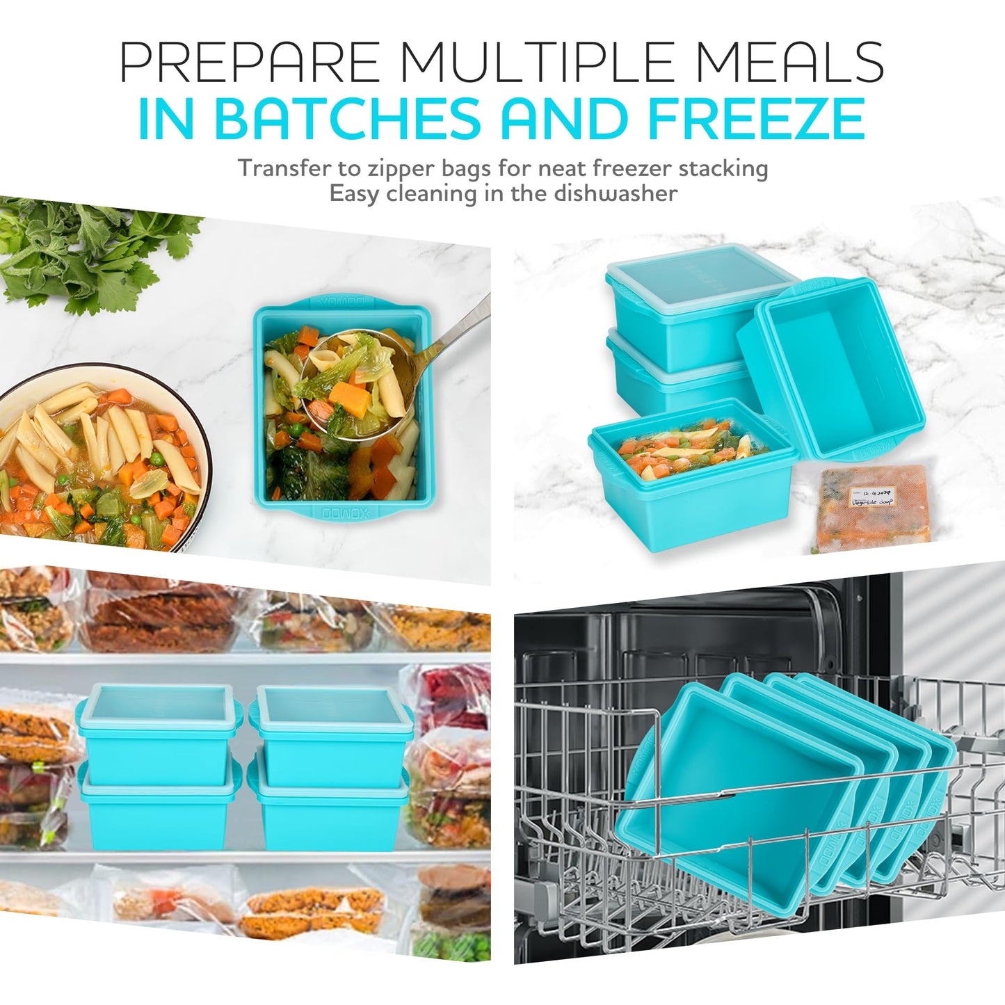 Xomoo 2 Cup Silicone Freezer Trays with Lids, Silicone Soup Freezer Molds - Leakproof, BPA-Free, Stackable, Microwave & Dishwasher Safe, Perfect for Soups, Sauces, Meal Prep, and Baked Goods - 4 Pack