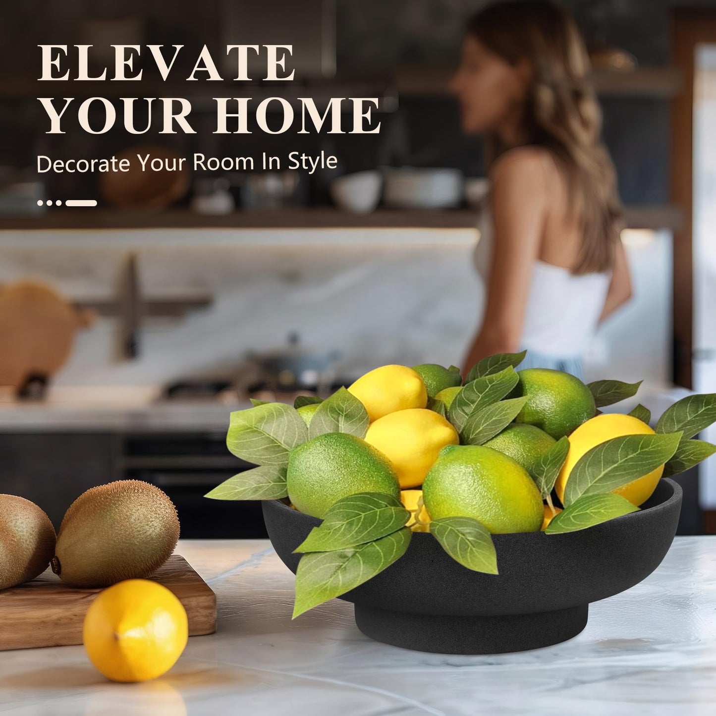YMXYJM Large Decorative Resin Bowl, Modern Handicraft Bowls for Home Decor, Decorative Fruit Bowl for Kitchen Counter, Stylish Key Bowl for Entry Table, Artificial Stone Black