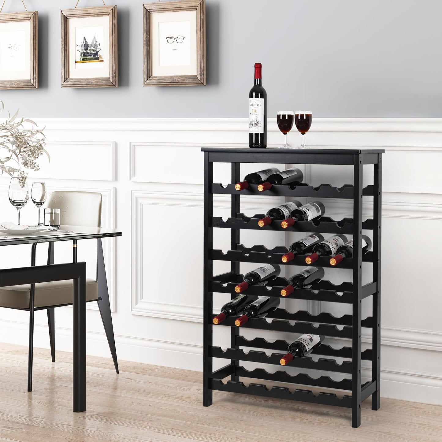 VASMIA 42 Bottles Bamboo Wine Rack,7-Tier Wine Rack Freestanding Floor with Table Top, Wine Storage Shelf for Kitchen Dining Room Bar,Black