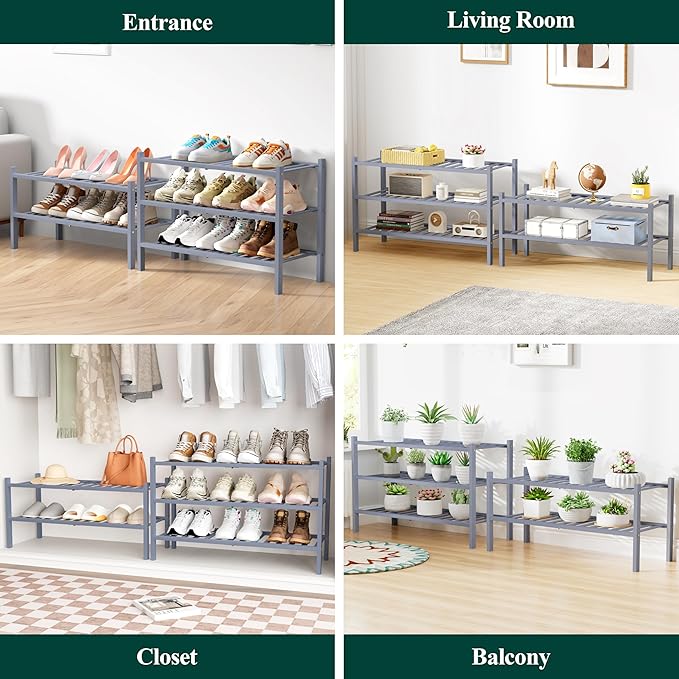 Smiry Bamboo Shoe Rack for Closet, 2 Tier Small Wooden Stackable Shoe Organizer, Free Standing Shoes Storage Shelf for Entryway, Front Door Entrance, Grey