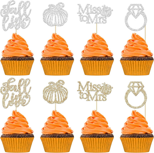 Gyufise 24Pcs Fall In Love Cupcake Topper Fall Miss to Mrs Cupcake Topper Champage Gold Fall Pumpkin Bride Shower Cake Toppers Autumn Wedding Cupcake Topper for Fall Birde Shower Cake Decorations
