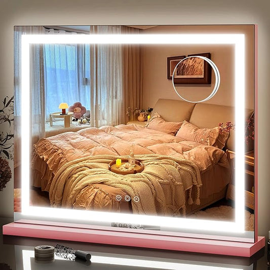 FENNIO Vanity Mirror with Lights 23"x18", Lighted Makeup Mirror, Large Vanity Mirror, Touch Sensor with 3-Color Lighting, 10X Magnification and USB Charging Port for Vanity Deskï¼Square Pinkï¼