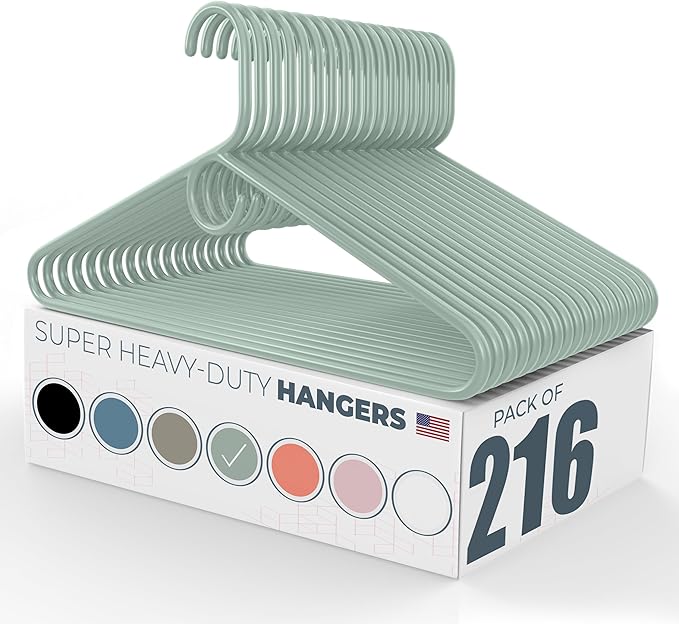Neaties Super Heavy Duty Clothes Hangers 100+ Pack (216 Count) â Made in The USA - 10lb Capacity, Thick Plastic Hangers for Pants, Coats, Jackets, Jeans and Adult Clothing â Mint