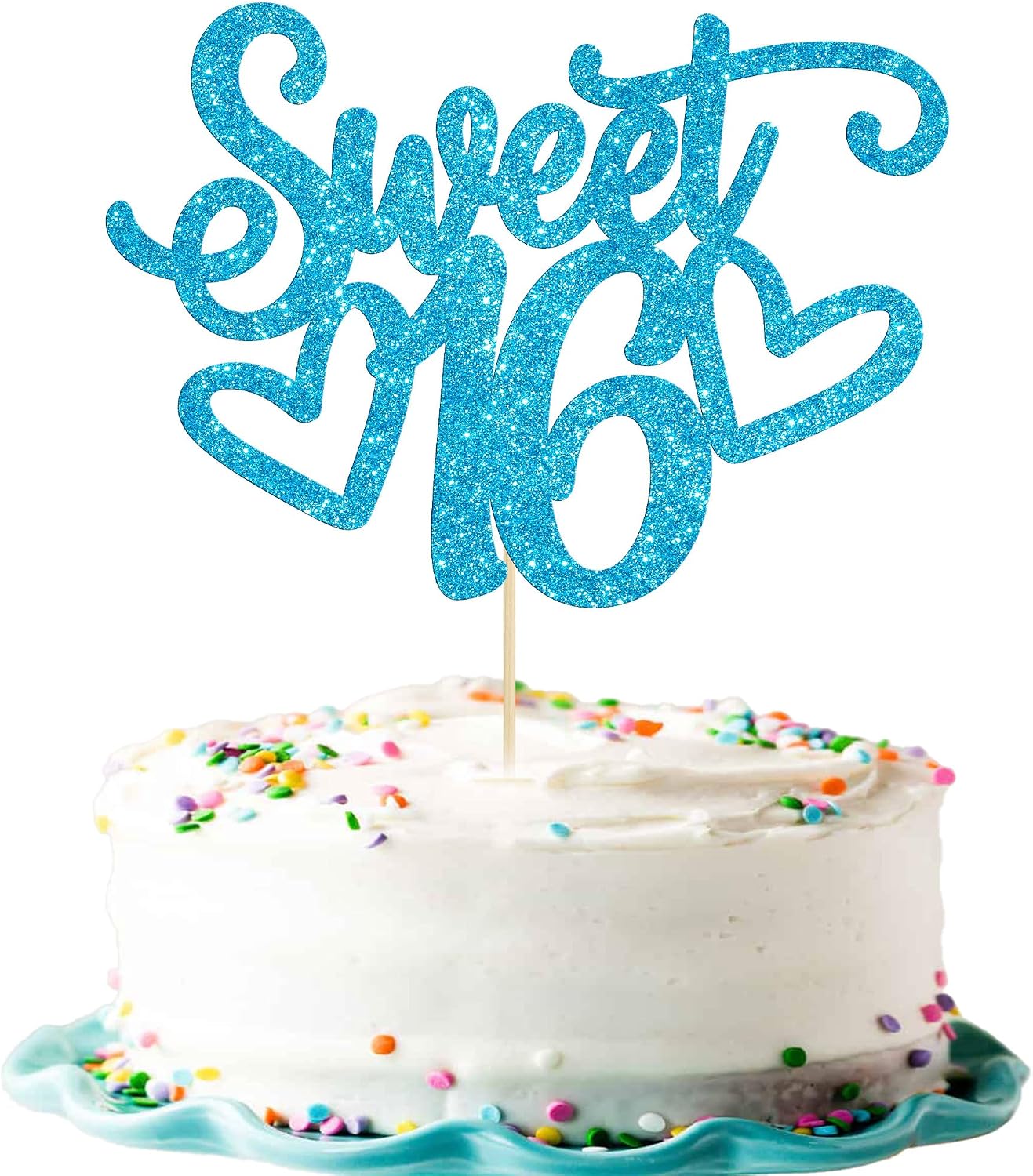 Gyufise 1Pc Sweet Teenager 16 Cake Topper Glitter 16th Birthday Cake Pick for Cheers to 16 Years Old 16th Birthday Party Cake Decorations Supplies Light Blue