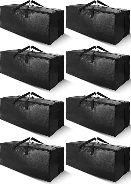 Cosy Family 8 Pack Heavy Duty Extra Large Moving Bags with Backpack Straps - Strong Handles & Zippers, Storage Totes For Space Saving, Fold Flat, Alternative to Moving Box (40 gal, Black)