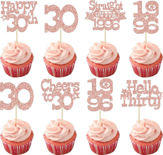 Ephlyn 30Pcs Happy 30th Birthday Cupcake Toppers Glitter Thirty Straight Outta 1996 Cupcake Picks Cheers to 30 Years Cake Decorations for Happy 30th Birthday Anniversary Party Supplies Rose Gold