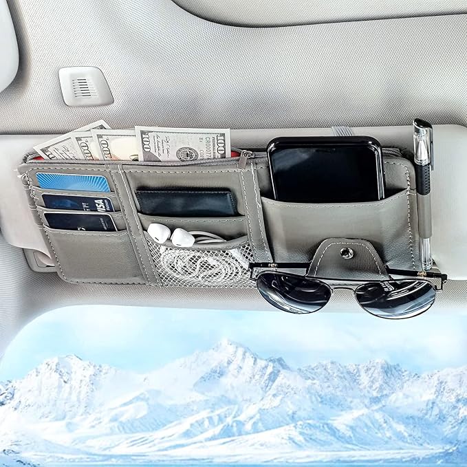 Keedolla Car Sun Visor Organizer with Zipper Pocket, Auto Interior Accessories Pocket Organizer Car Truck Visor Storage Pouch Holder for Cards, Pens, Sunglasses and Document - Gray