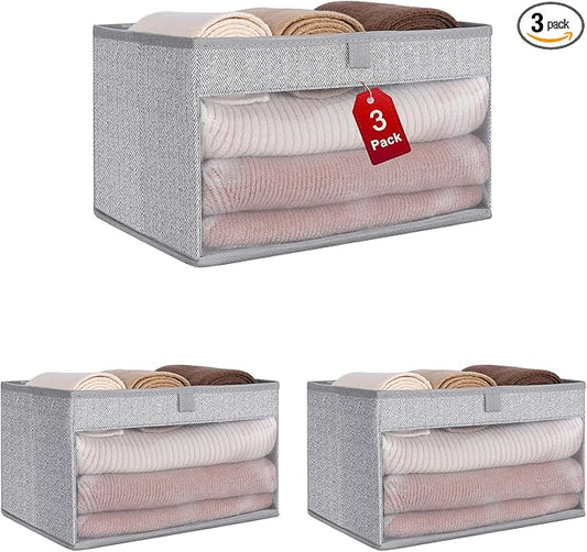 WUIKE Closet Storage Bins, Large Fabric Storage Baskets with Clear Window, Foldable Organizer for Clothes, Shelves, Herringbone Gray, 3 Pack