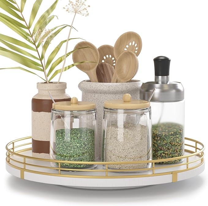 10" Wooden Lazy Susan Turntable for Cabinet â Rotating Spice Rack Organizer, Small Kitchen Countertop Tray for Dining Table & Pantry Storage (White & Gold)