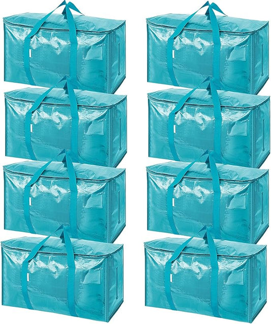 TICONN 8 Pack Extra Large Moving Bags Heavy Duty with Zippers & Carrying Handles, Durable Storage Bags Moving Boxes for Closet Organizers and Storage (8 Pack, Aqua)