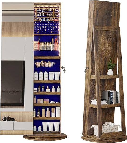 LVSOMT 360Â° Rotating Full Length Mirror Jewelry Cabinet with Sliding Door, LED Lighted Lockable Jewelry Armoire Organizer, Space-Saving Standing Mirror Storage for Bedroom Dressing Room (Retro Brown)