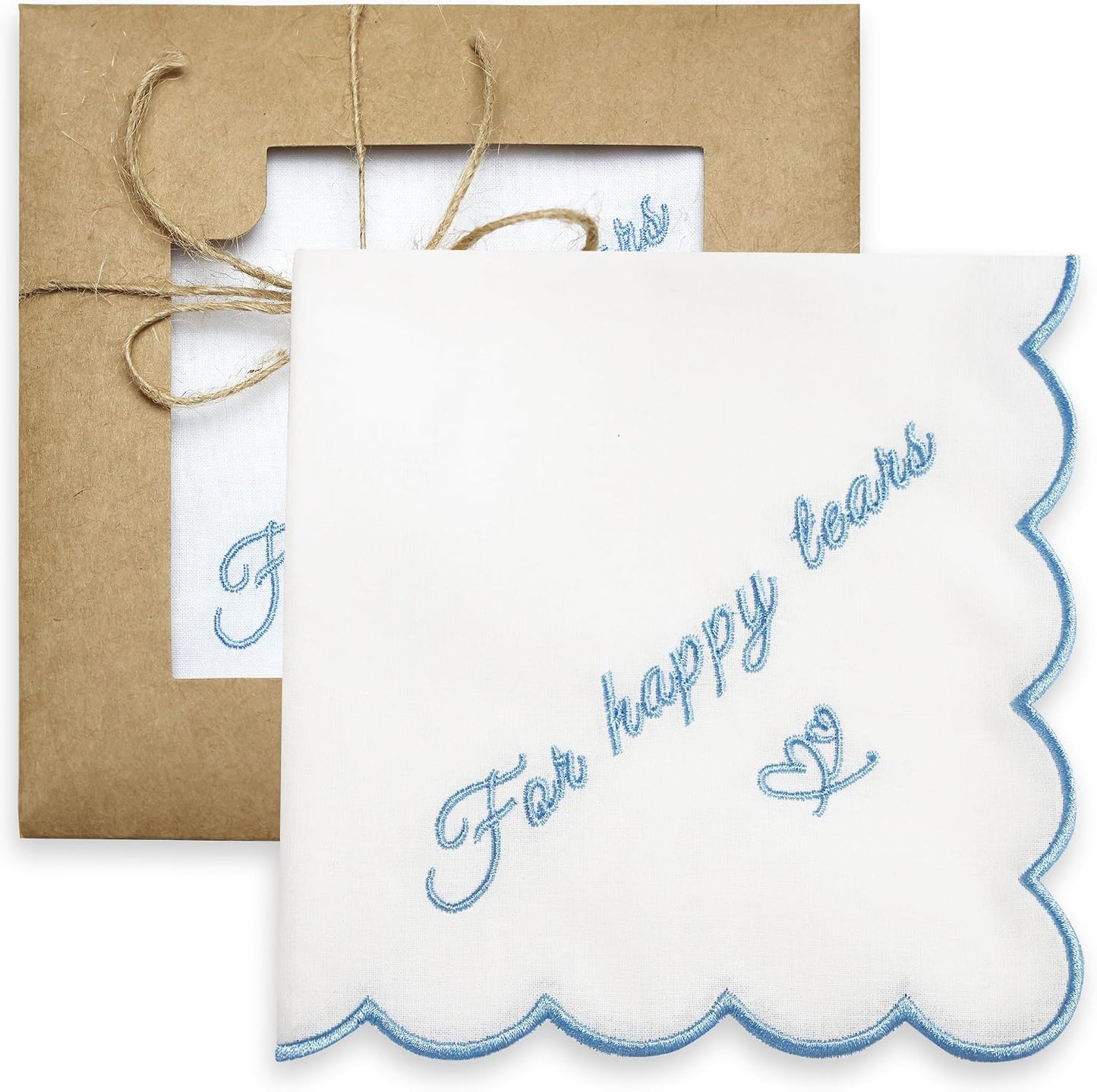 Embroidered Cotton White Handkerchief Hankie with Scalloped Edges Soft 11" x 11" Blue Wedding Gift for Bride