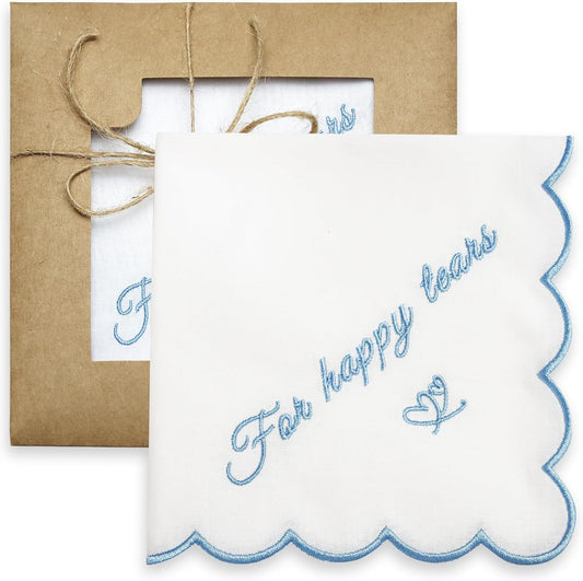 Embroidered Cotton White Handkerchief Hankie with Scalloped Edges Soft 11" x 11" Blue Wedding Gift for Bride