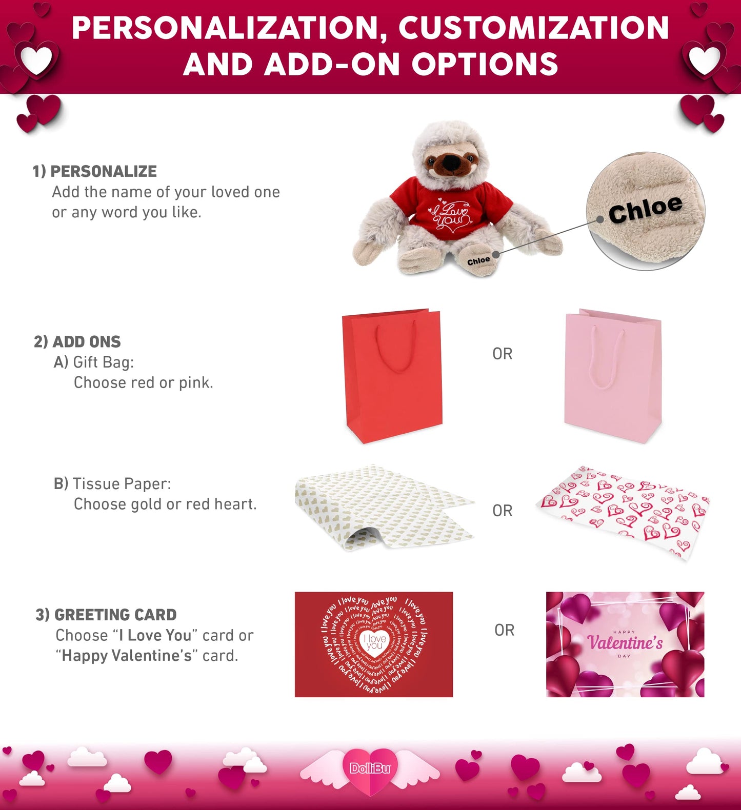 DolliBu Valentine Sloth Stuffed Animal with I Love You Red Shirt - Cute Plush Stuffed Animal Sloth Gifts with Name Personalization for Valentines Day, Birthday, Anniversary, Romantic Date - 7.5 Inches
