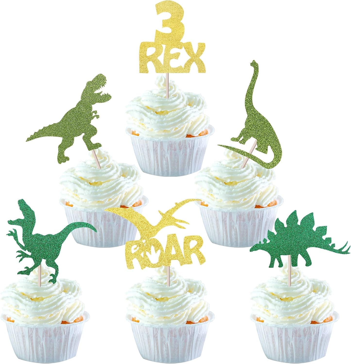 24 Pack Dinosaur Cupcake Toppers Glitter 3 Rex Roar Dinosaur Cupcake Picks Three Years Old Dino Theme Baby Shower Third Birthday Party Cake Decorations Supplies Gold