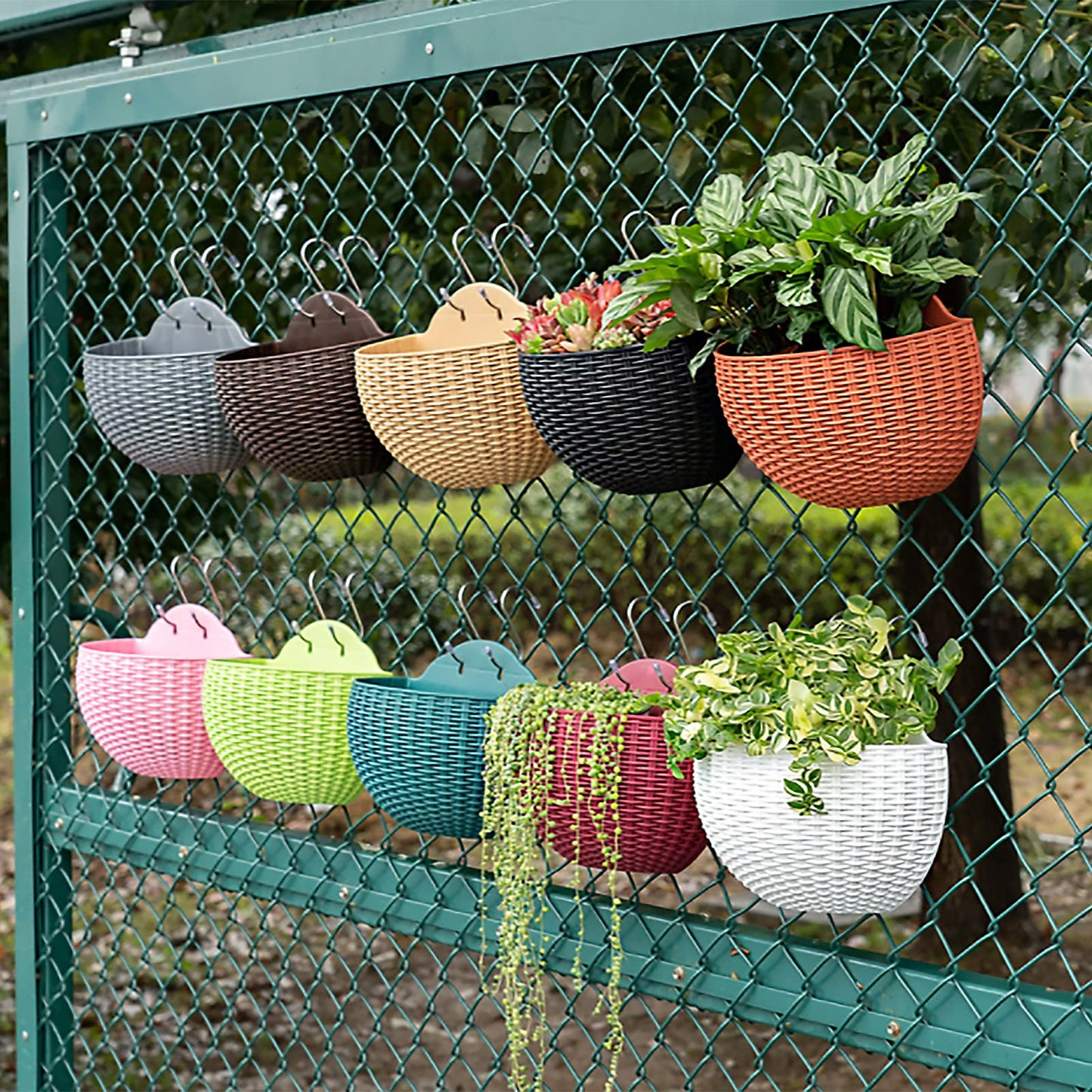 Hanging Planter Pot, Wall and Railing Hanging Planters with S Hooks, Half Round Imitation Rattan European Style Wall Flowerpot Rustic Decorative Flower Basket for Home(#2pcs 21 * 16.5cm Dark Green)