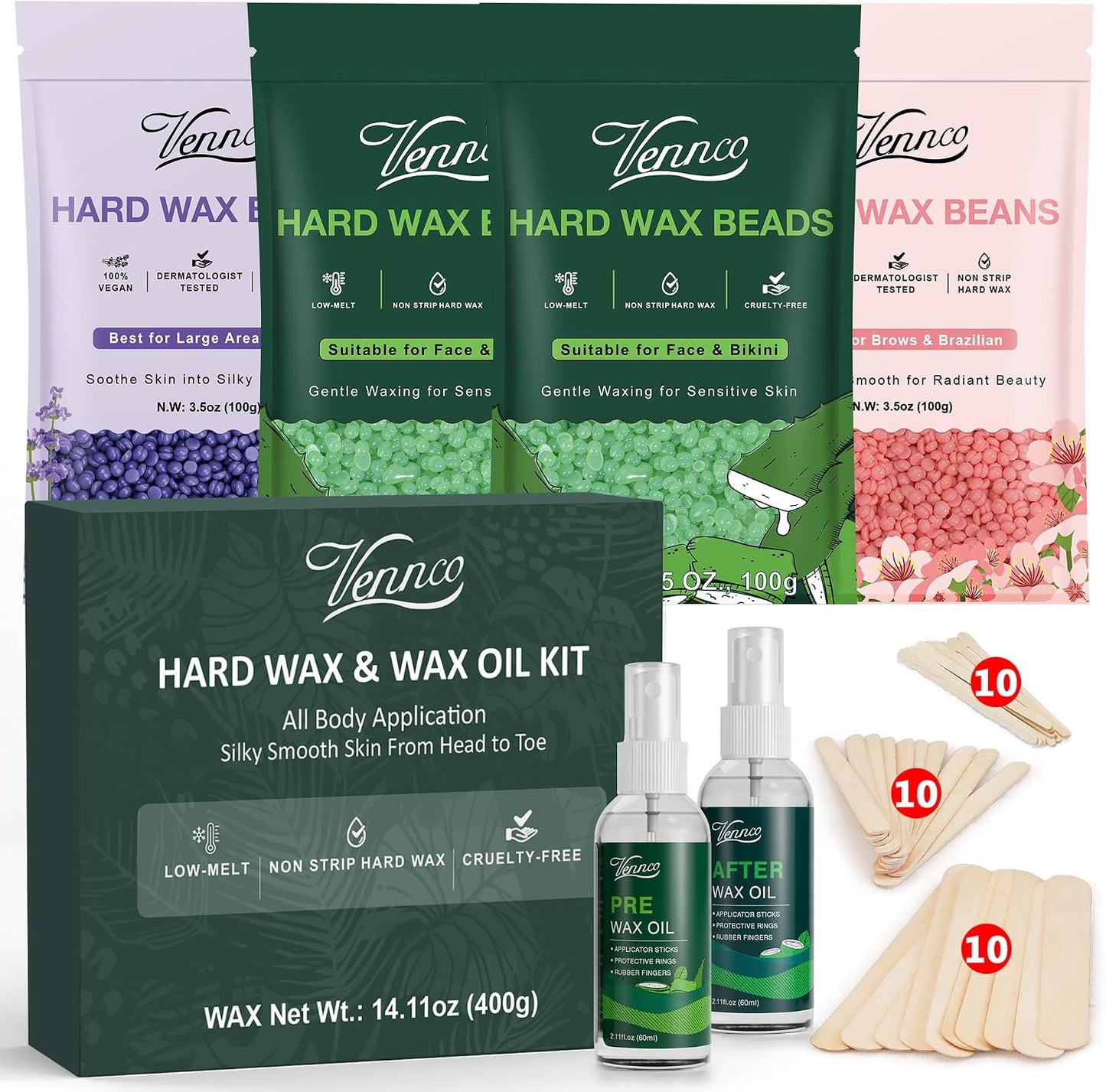 Vennco Hard Wax Beads Kit for Hair Removal, 36 Pieces Wax Beads for Full Body, Face, and Brazilian Bikini, Aloe, Lavender, Cherry Blossom - Includes Pre and Post Wax Oils