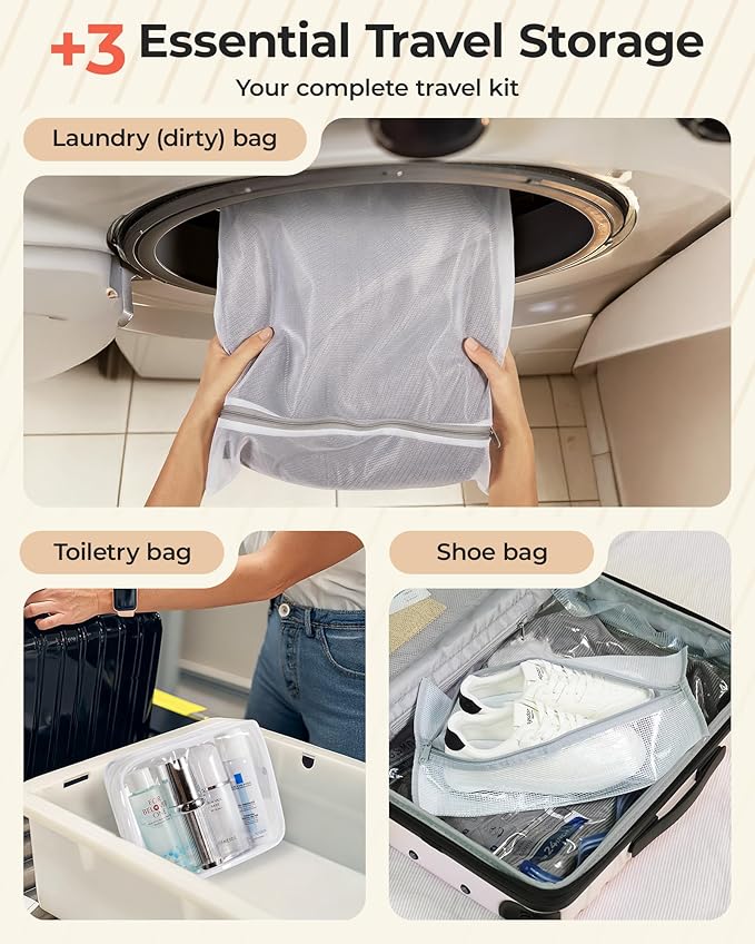 BAGSMART Vacuum Seal Storage Bags for Clothing Travel, 12 Pack Travel Essentials Bundle includes Laundry Bag & Waterproof Shoe Bag & TSA Approved Toiletry Bag, Hand Pump Included