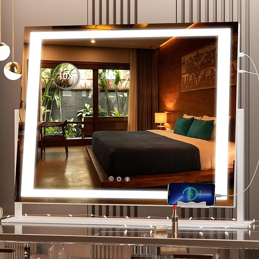 Hasipu Vanity Mirror with Lights, 24.2" x 19.7" LED Makeup Mirror, Light up Mirror with 10X Magnification and USB, Phone Holder, Smart Touch 3 Colors Dimmable, 360Â° Rotation (Right Angle White)