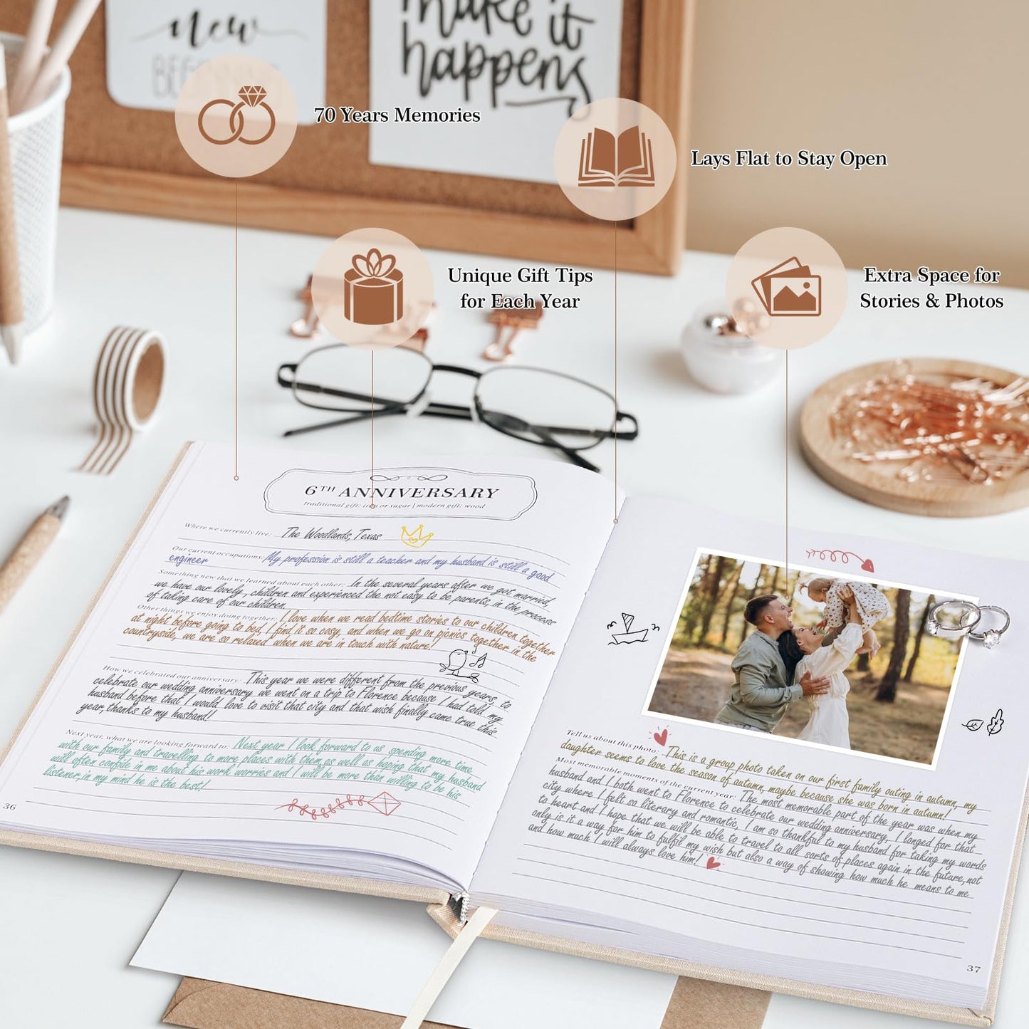 Lanpn Wedding Anniversary Journal - The Story of Us, Linen Dating 1st to 70th Couple Memory Book Wedding Scrapbook, 190 Pages Love Stories Notebook Marriage Newlywed Bridal Shower Gift, Beige