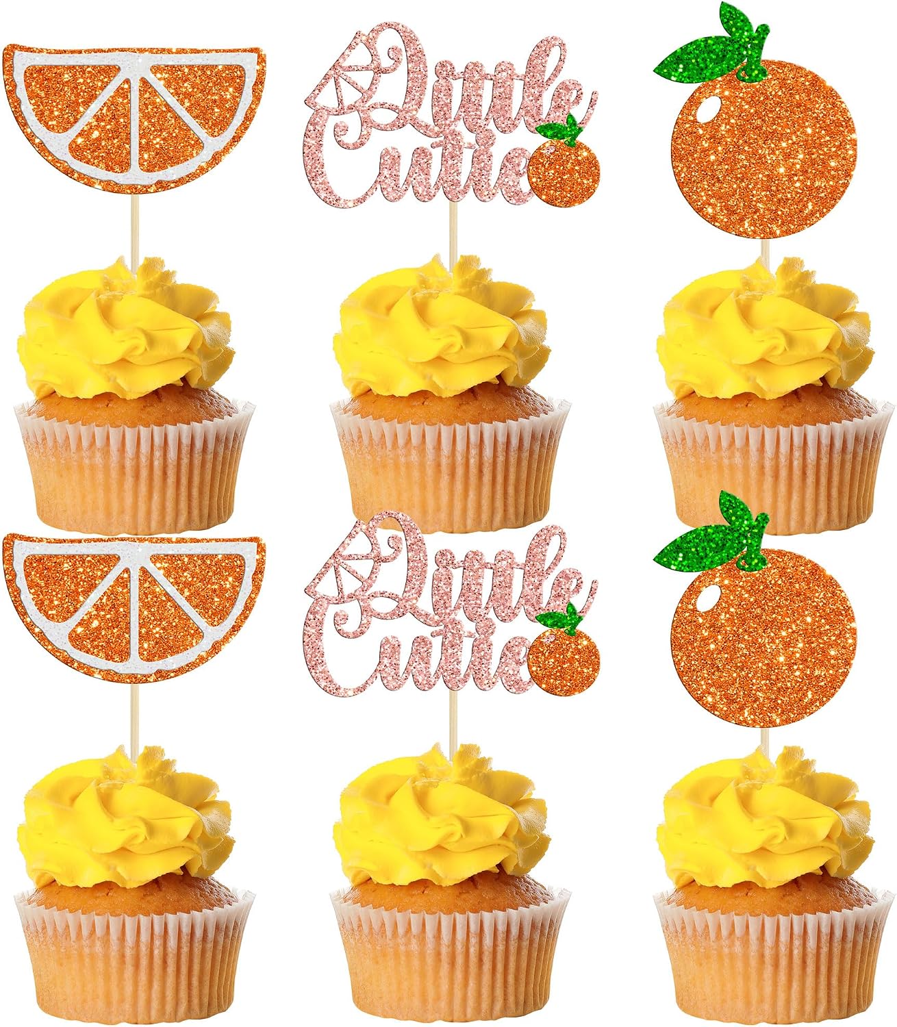 Gyufise 24Pcs Little Cutie Cupcake Toppers Glitter Fruit Theme Orange Cupcake Picks Citrus Cupcake Decoration for Baby Shower Kids Boys Girls Birthday Party Cake Decorations Supplies Rose Gold