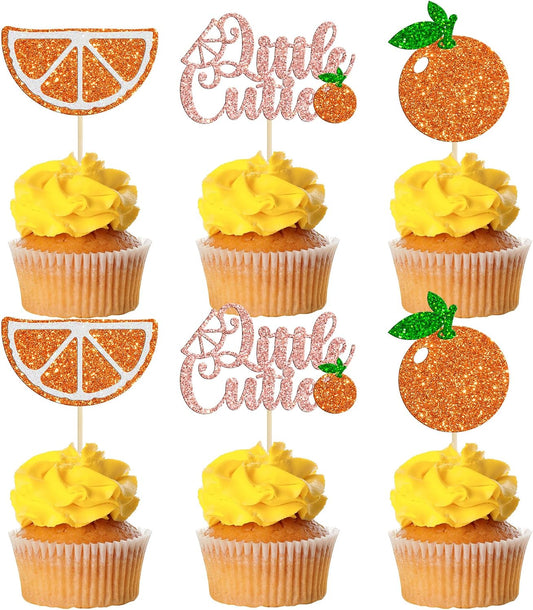 Gyufise 24Pcs Little Cutie Cupcake Toppers Glitter Fruit Theme Orange Cupcake Picks Citrus Cupcake Decoration for Baby Shower Kids Boys Girls Birthday Party Cake Decorations Supplies Rose Gold