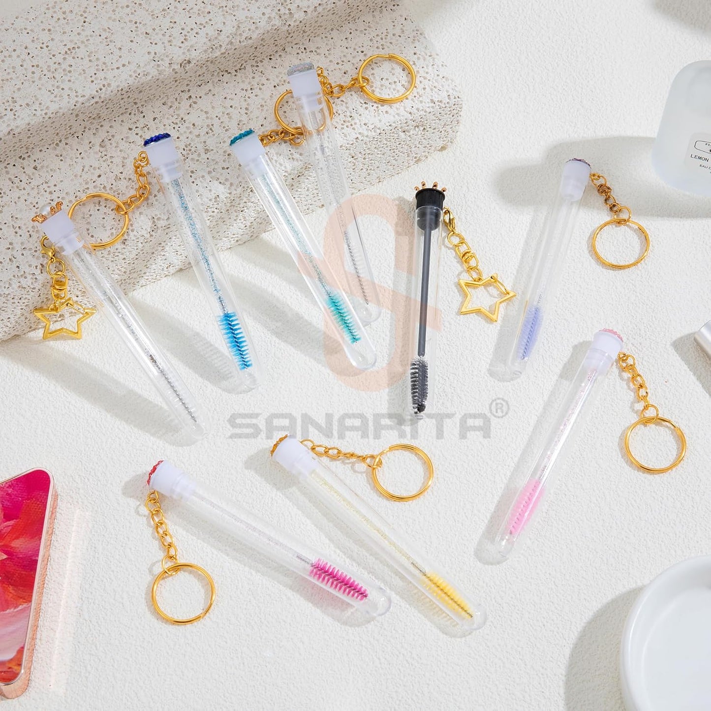 Upgrade 48 Pieces Disposable Mascara Wands Set,Mascara Brush Tube for Women and Girls- Include 24 Pcs Crystal Lash Spoolies Brush and 24 Pcs Reusable Keychain Empty Eyelash Brush Tubes(Pink)