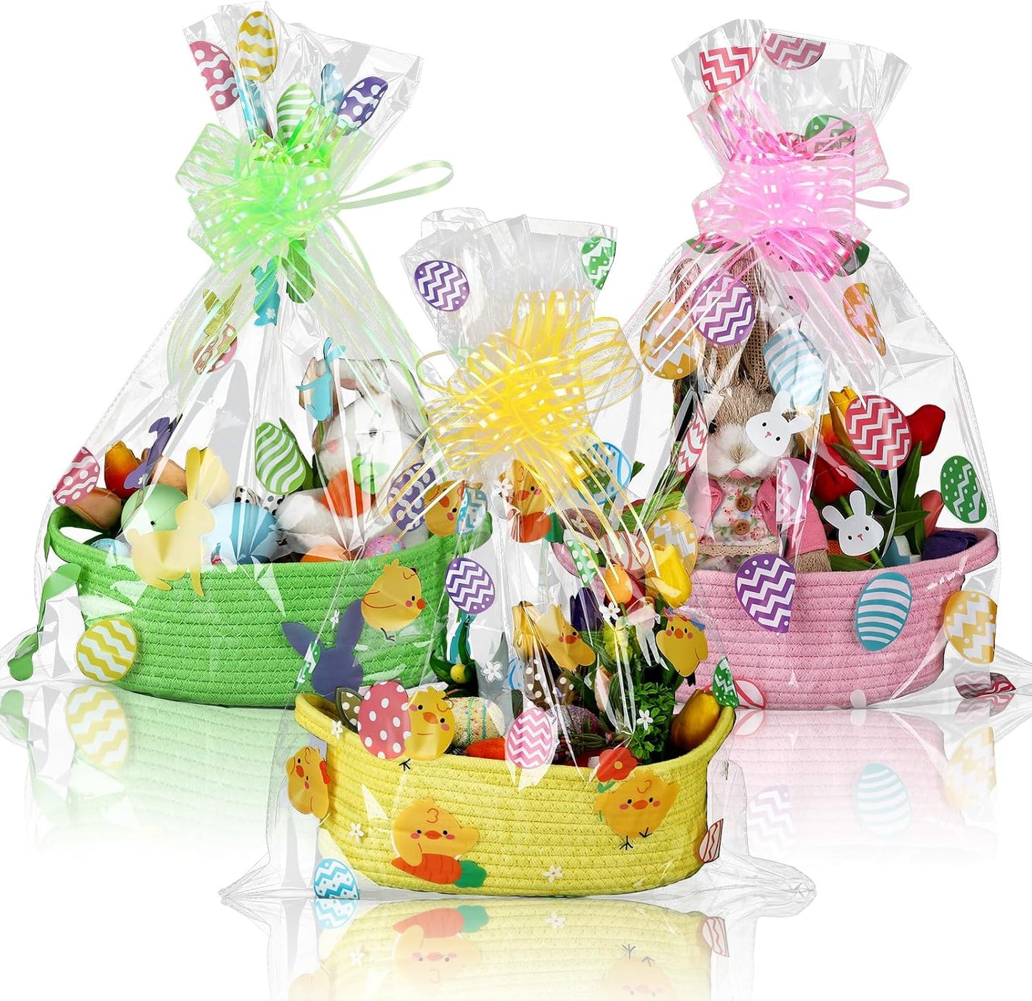 Teenyyou 3 Sets Easter Baskets for Gifts Empty with Wrap Cellophane Gift Bags Bows 12 x 9 x 5 Inch Easter Bunny Egg Woven Rope Basket to Fill Storage Box for Gift Wrapping Spring Party Decor