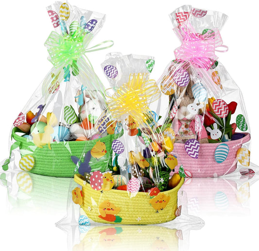 Teenyyou 3 Sets Easter Baskets for Gifts Empty with Wrap Cellophane Gift Bags Bows 12 x 9 x 5 Inch Easter Bunny Egg Woven Rope Basket to Fill Storage Box for Gift Wrapping Spring Party Decor