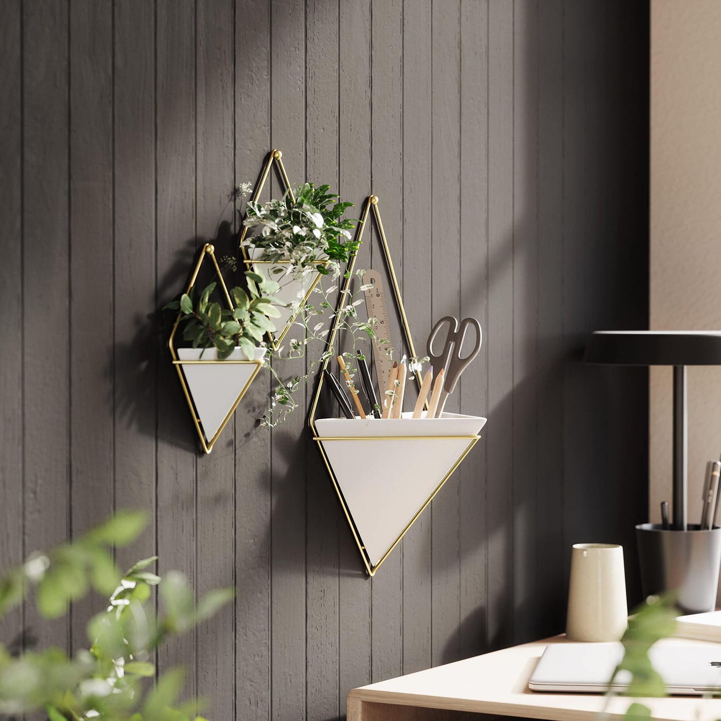 Umbra Trigg Hanging Planter Vase Wall Decor, Set of 2 Pots Containers for Succulents, Cactus, Faux Plants, and More, Small, White/Brass