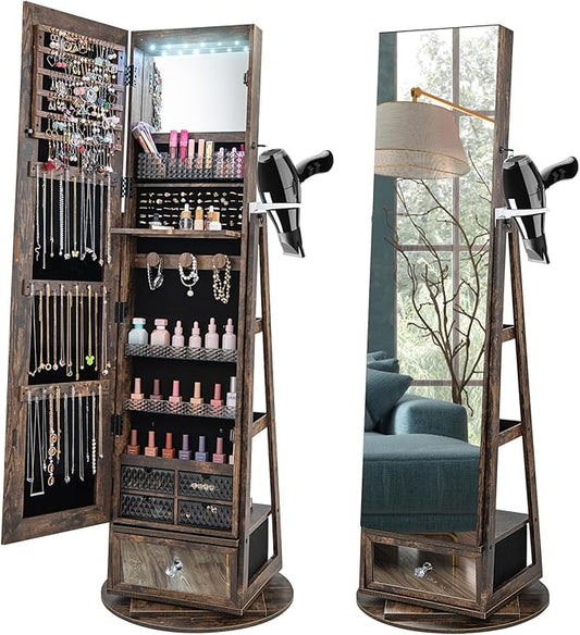 CHARMAID 360Â° Swivel Jewelry Cabinet Armoire 64.5" H, Full Length Mirror with Jewelry Storage, 6 LEDs Lockable Jewelry Organizer, Rear Storage Shelves, Large Drawer, Hairdryer Holder (Rustic Brown)